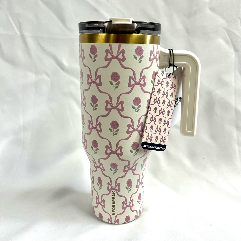 Hydrapeak Artisan Collection Pink Bow Straw Cup Tumbler with Handle